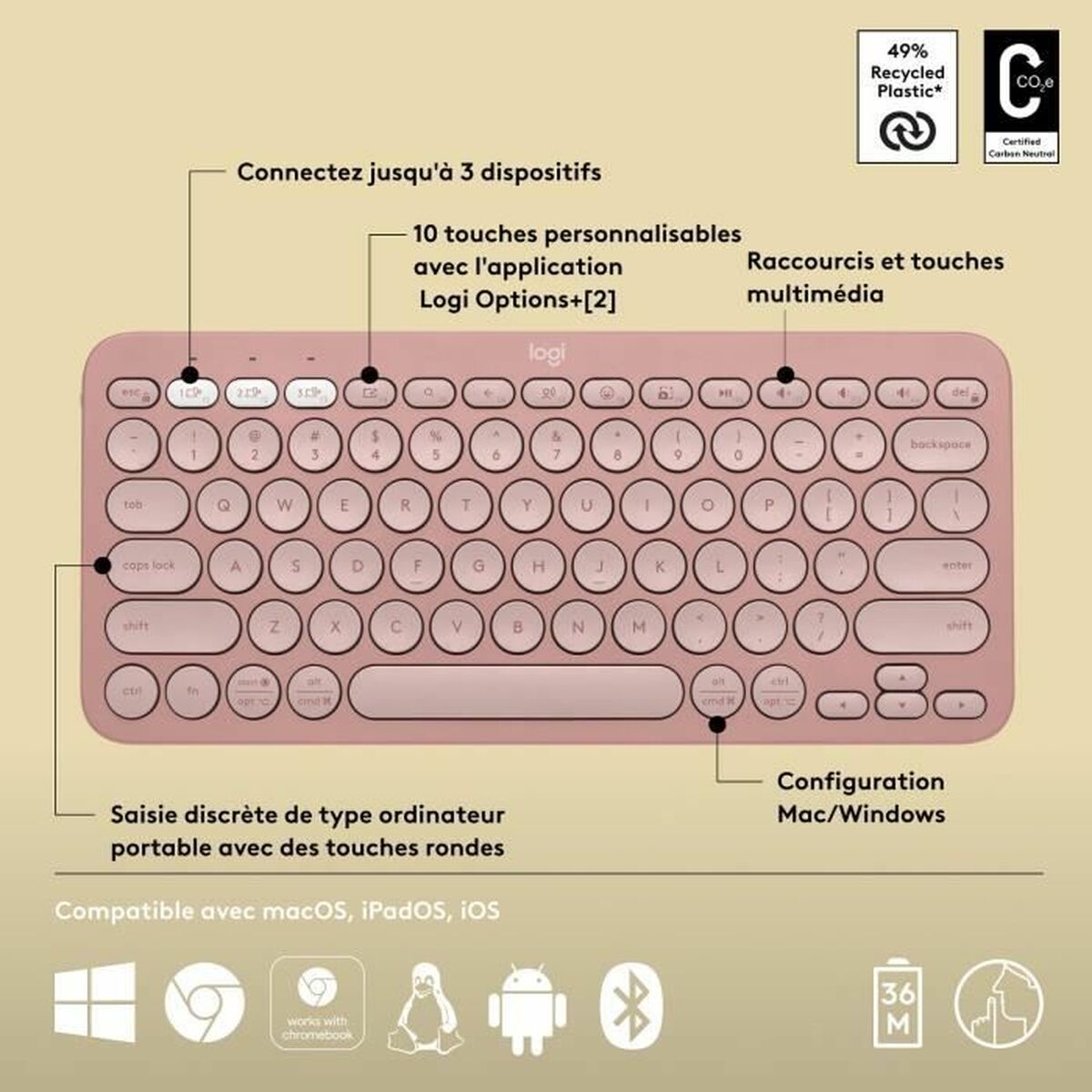 Bluetooth keyboard med tabletstøtte Logitech K380 Fransk Pink AZERTY